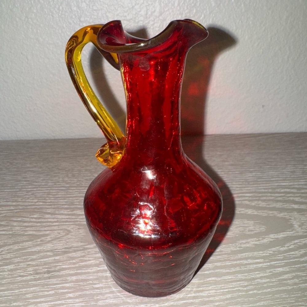Blenko Vntg Crackle Glass Amberina 5” Jug -Bud Vase